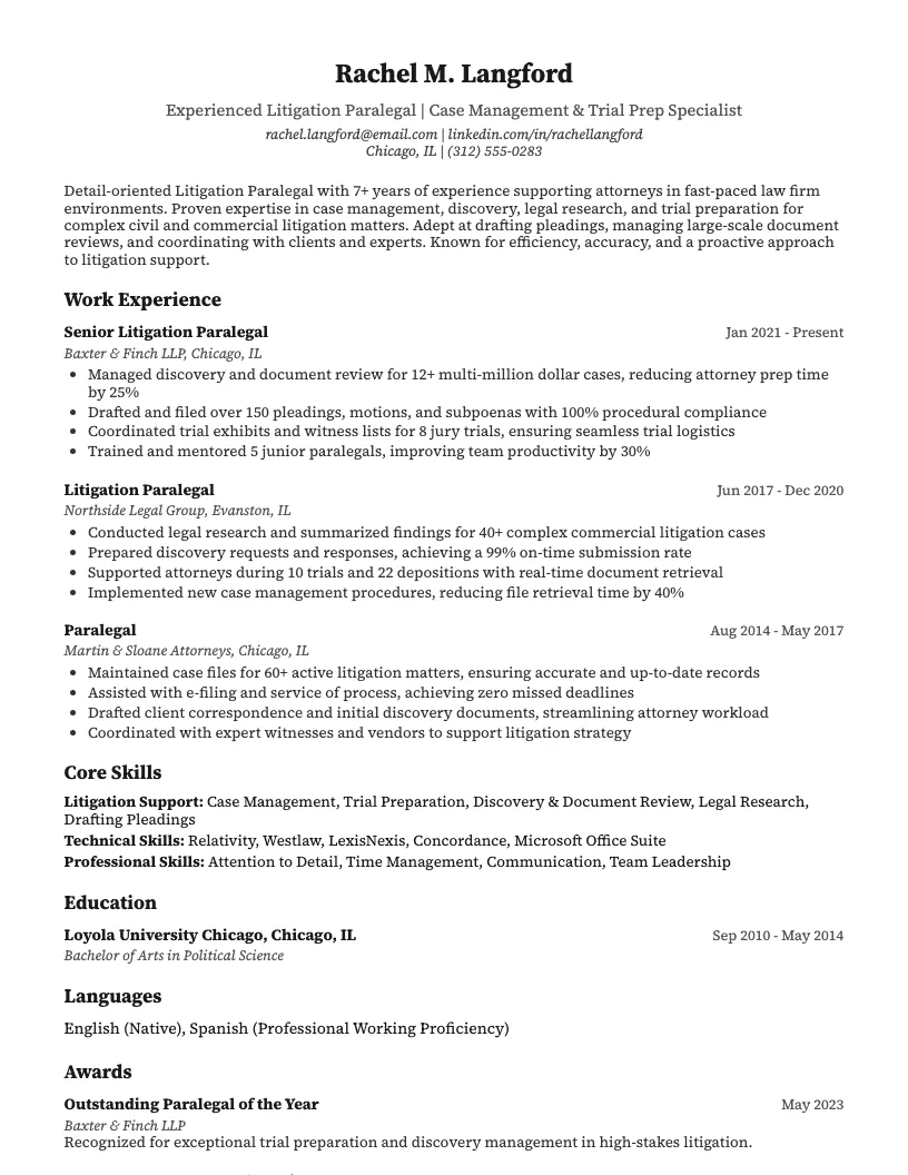 Litigation Paralegal Resume Example