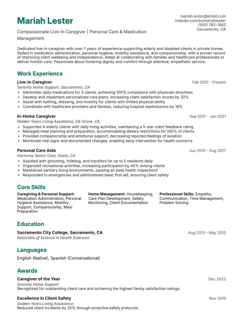 Live In Caregiver Resume Example