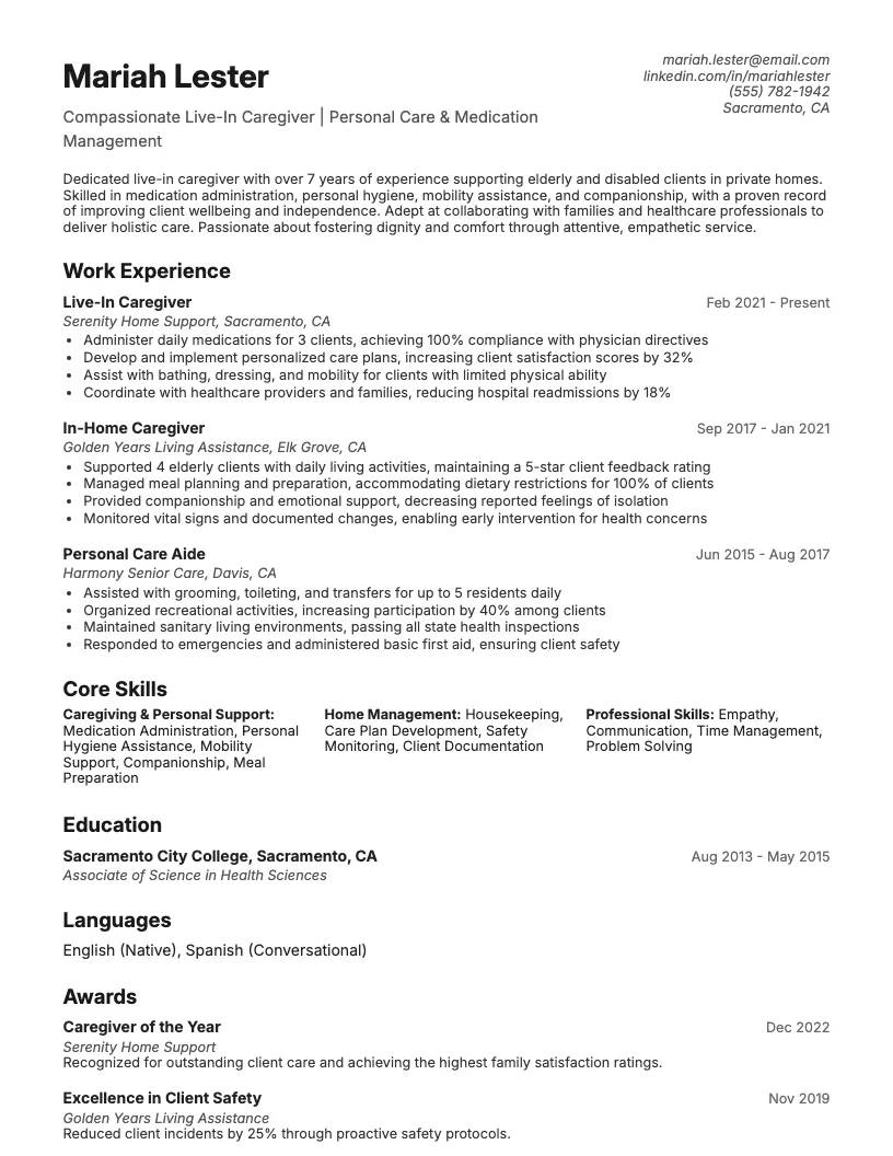 In Home Caregiver Resume Example