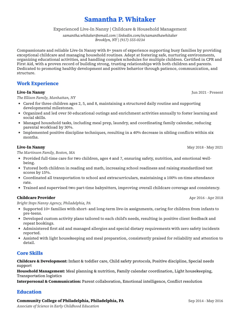 Live In Nanny Resume Example