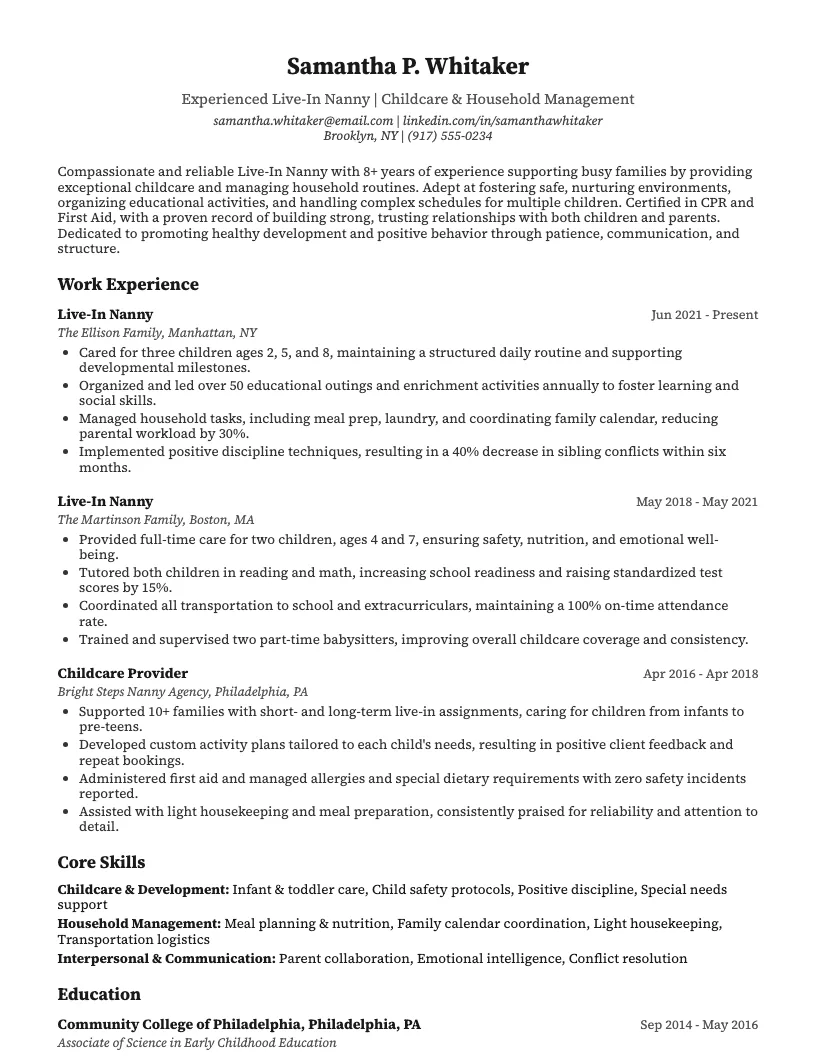 Live In Nanny Resume Example