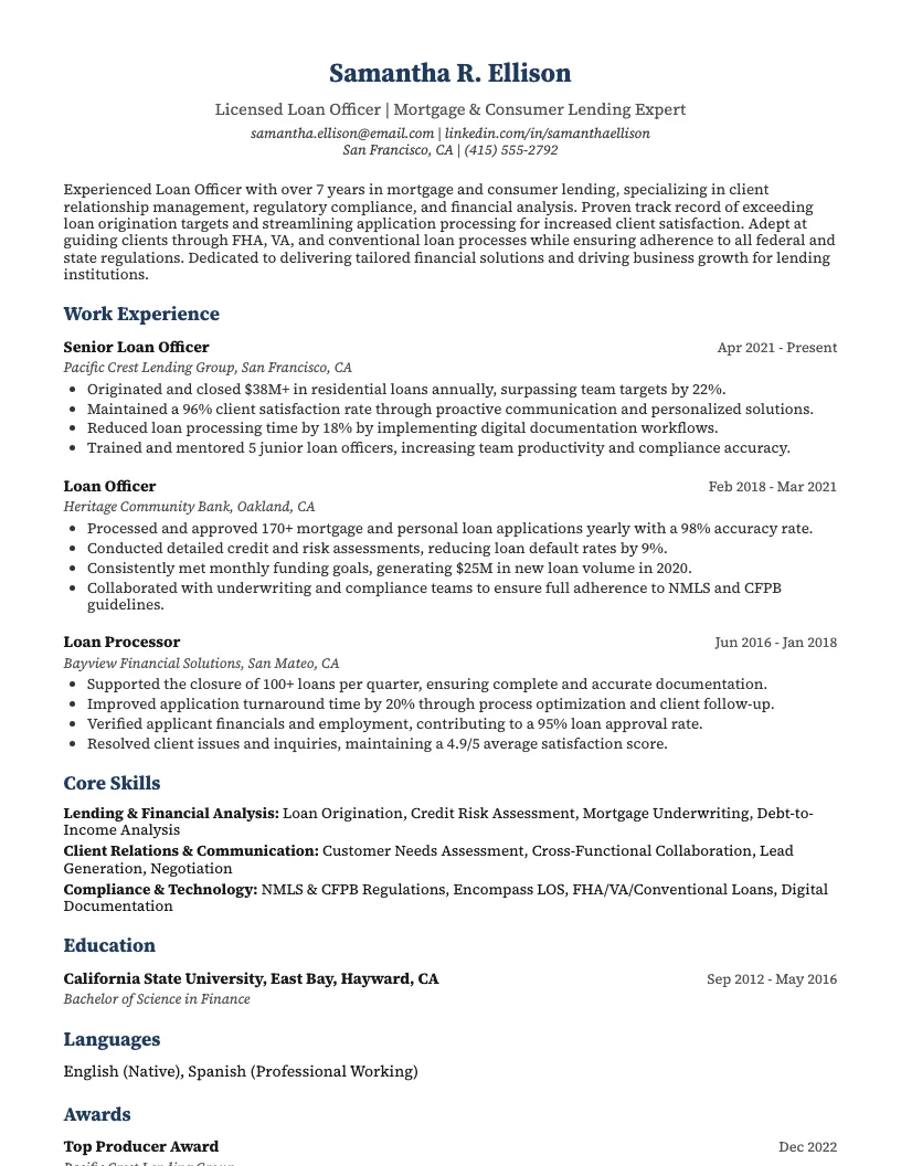 Loan Officer Resume Example