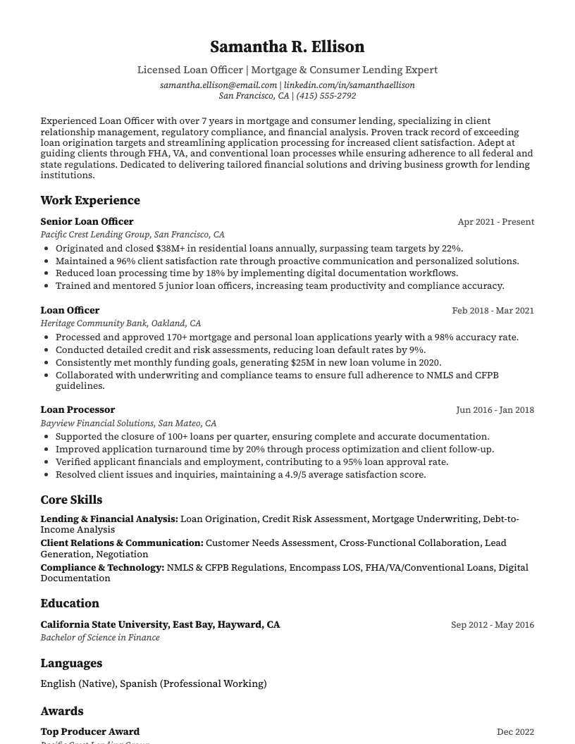 Loan Officer Resume Example