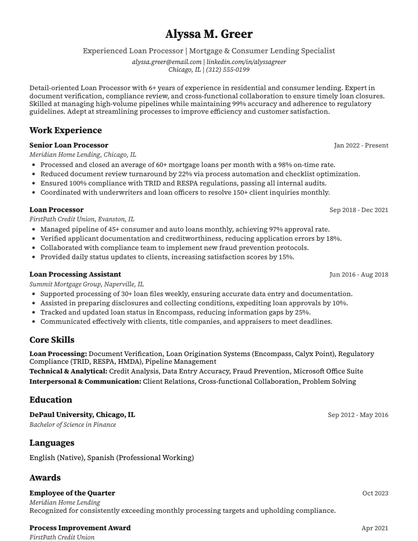 Loan Processor Resume Example