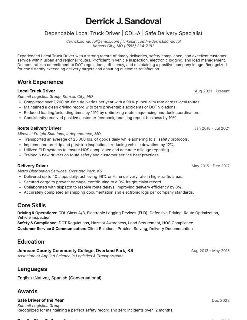 Local Truck Driver Resume Example