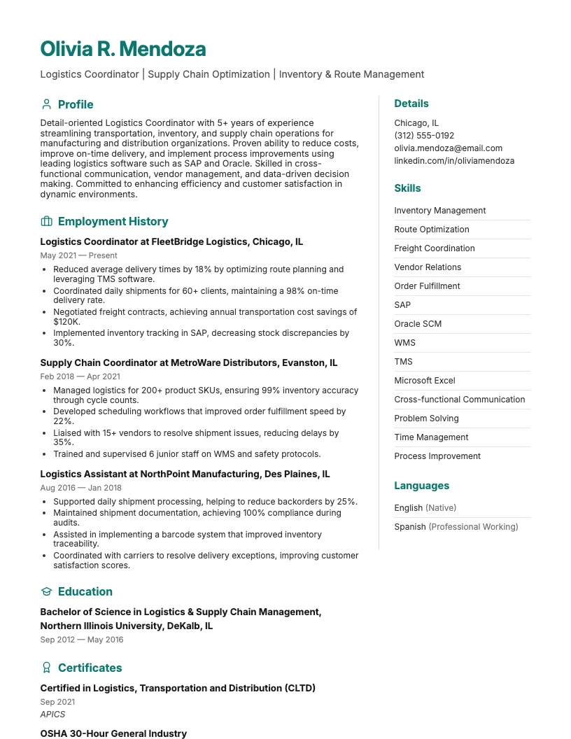 Logistics Coordinator Resume Example