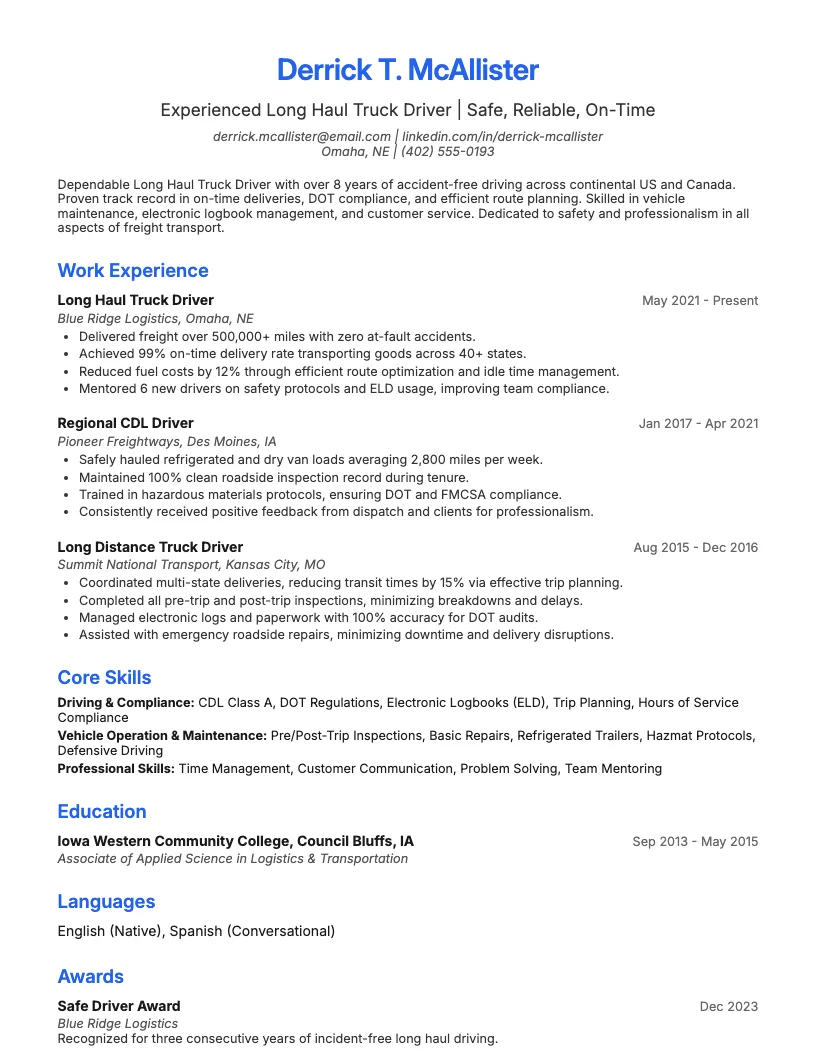 Long Haul Truck Driver Resume Example