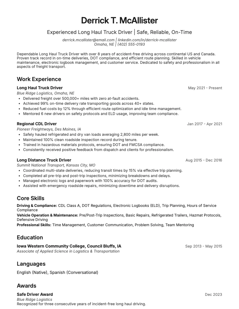 Long Haul Truck Driver Resume Example