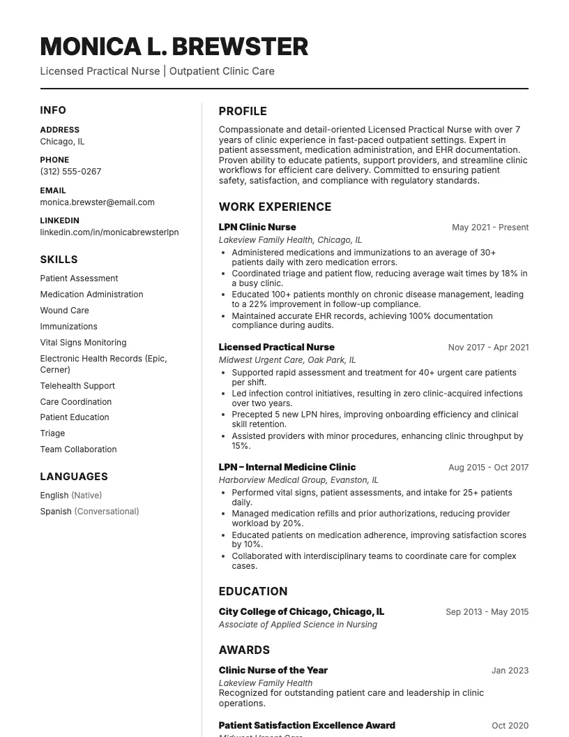 Lpn Clinic Nurse Resume Example