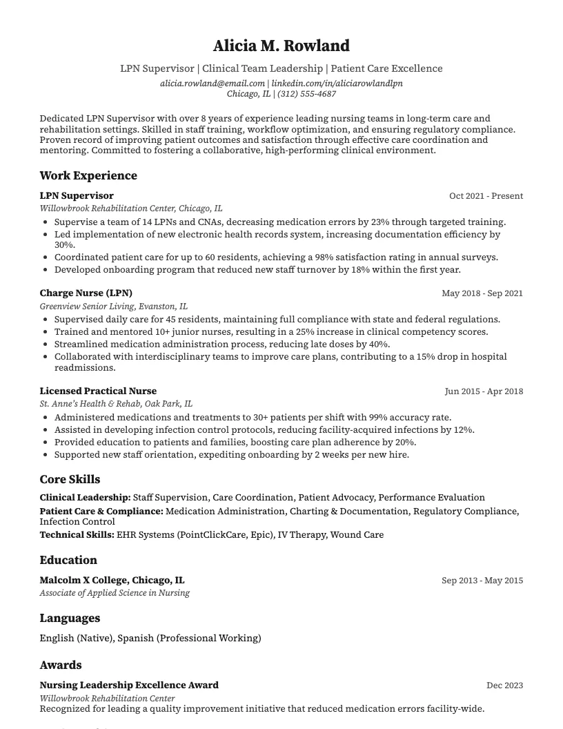Lpn Supervisor Resume Example