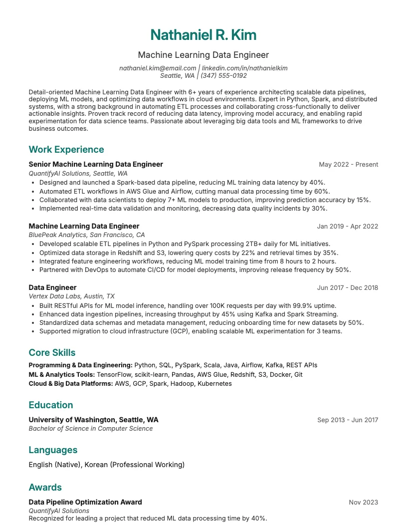 Machine Learning Data Engineer Resume Example