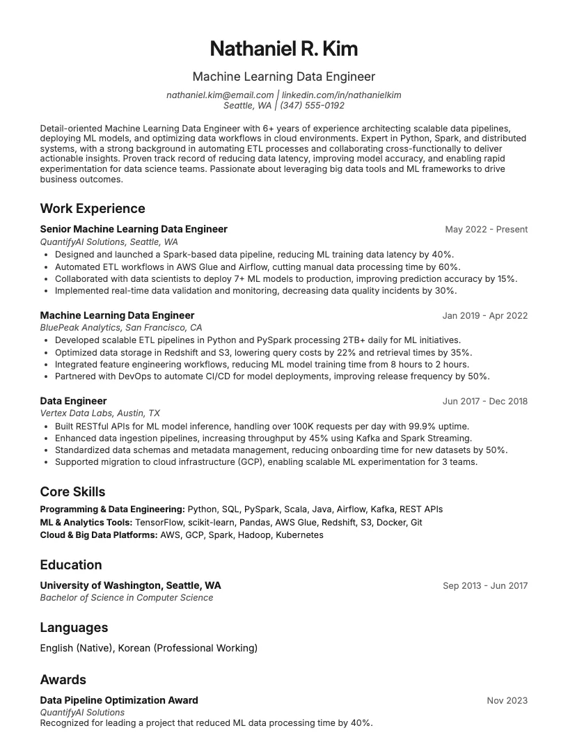 Machine Learning Data Engineer Resume Example