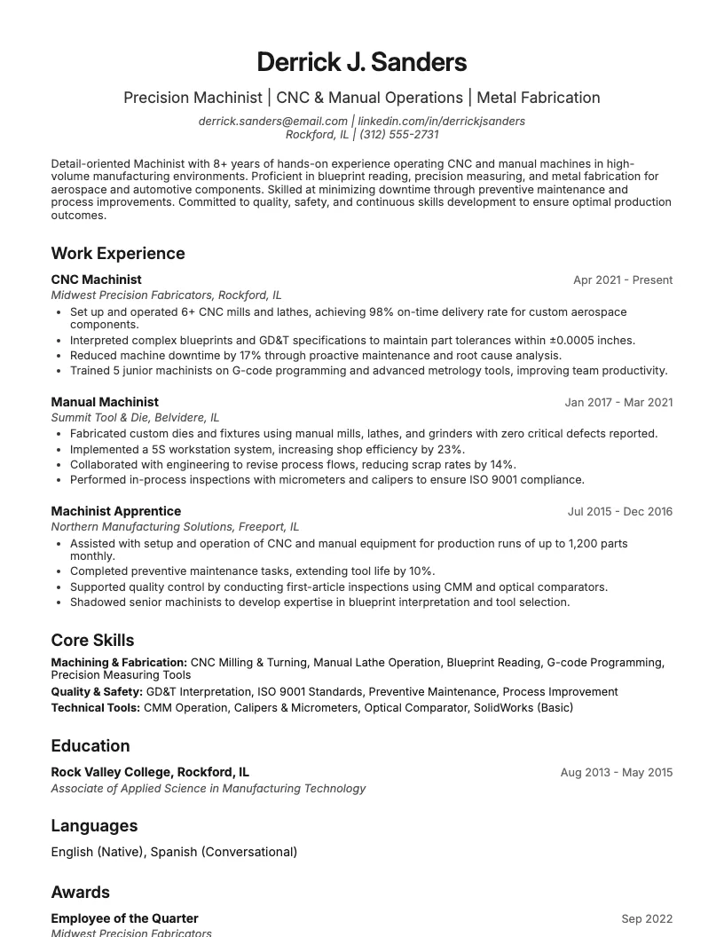 Machinist Resume Example