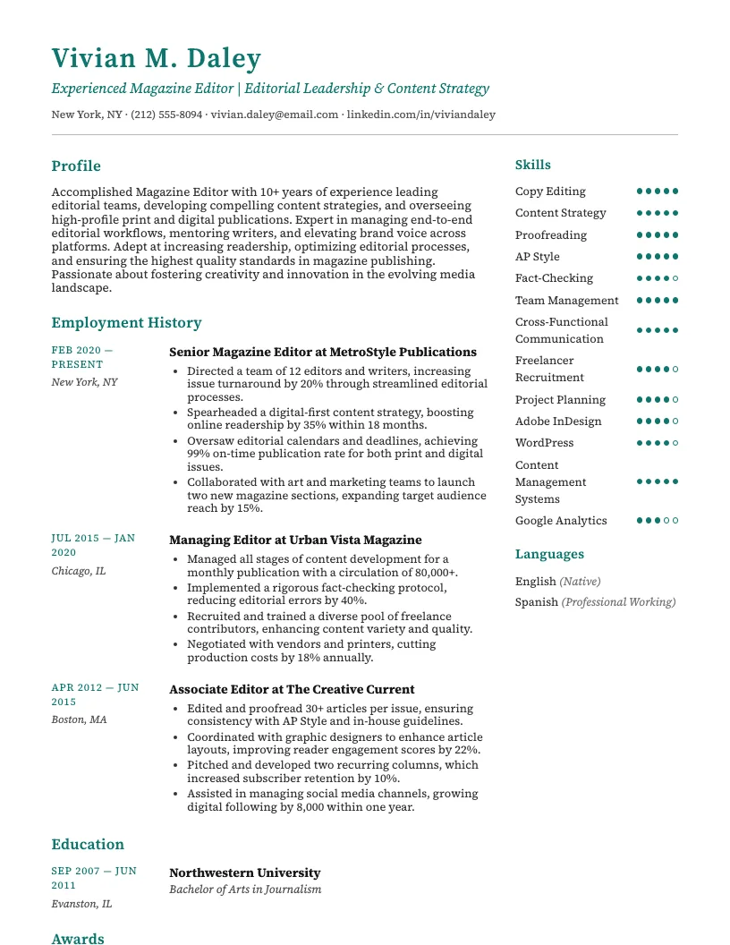 Magazine Editor Resume Example