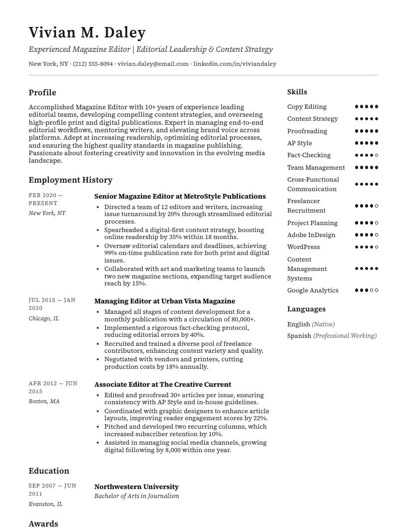 Magazine Editor Resume Example
