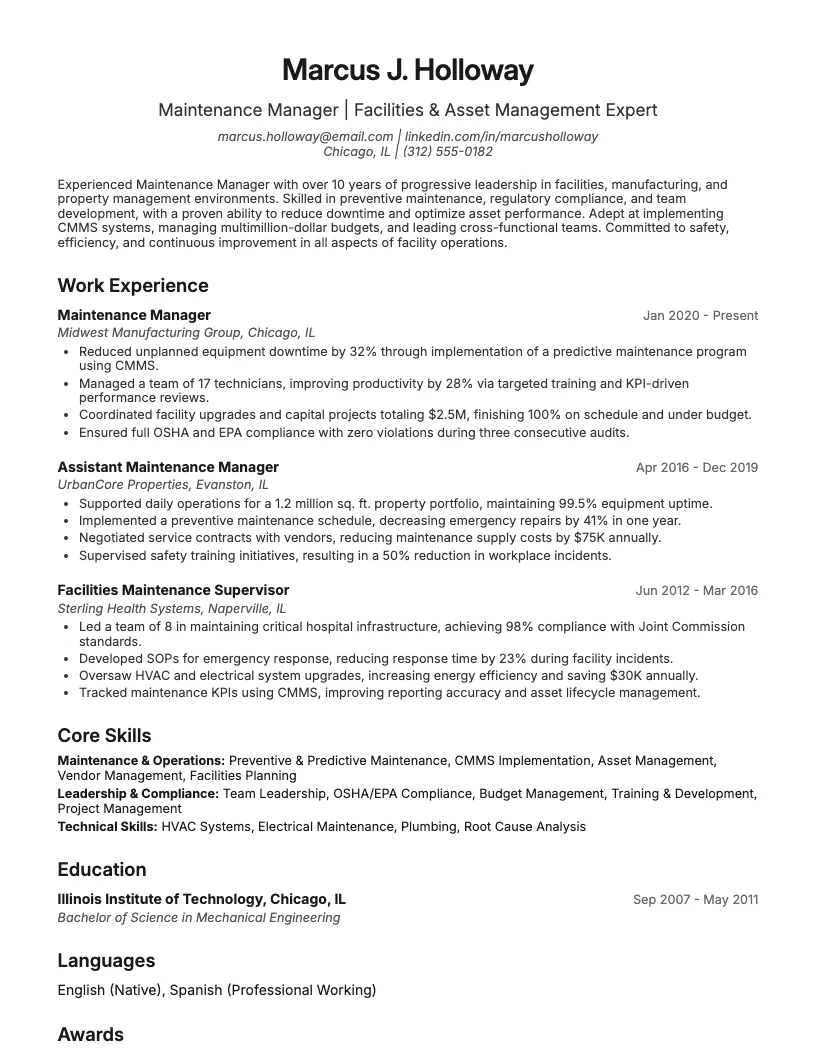 Maintenance Manager Resume Example
