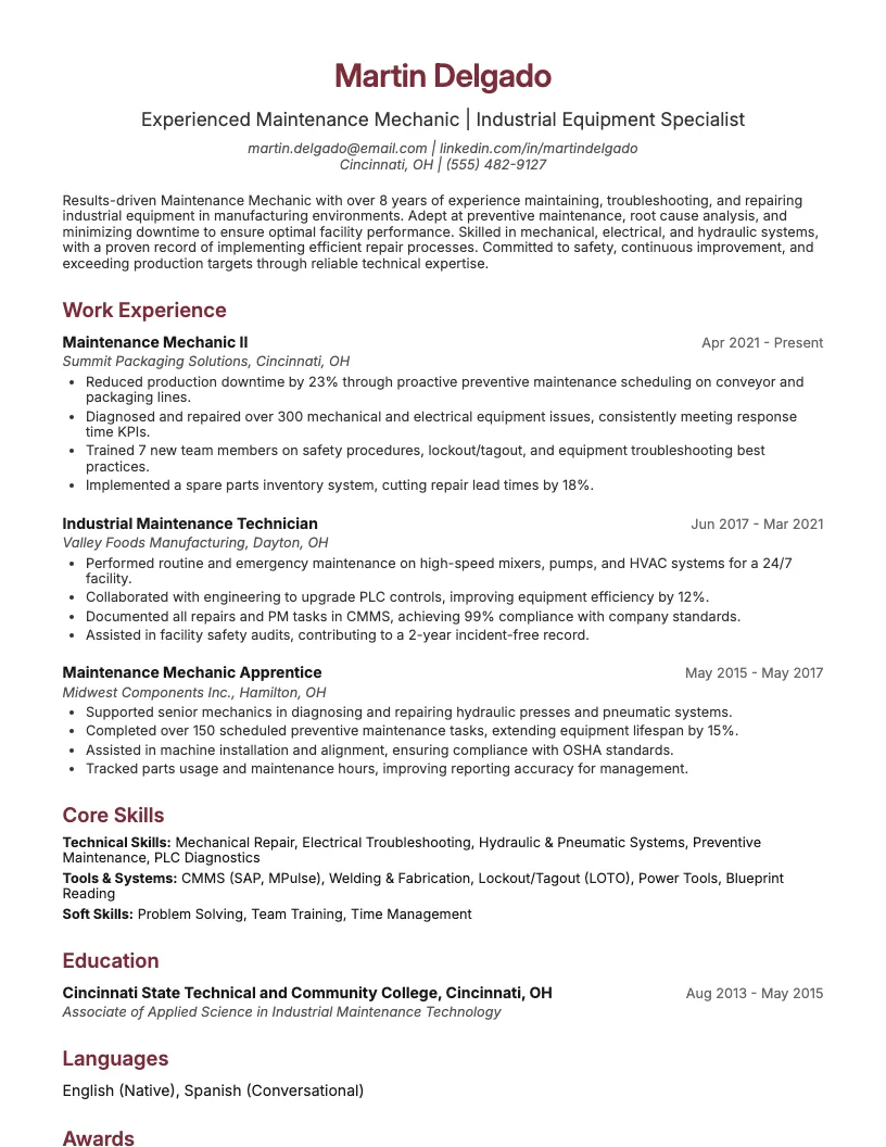 Maintenance Mechanic Resume Example