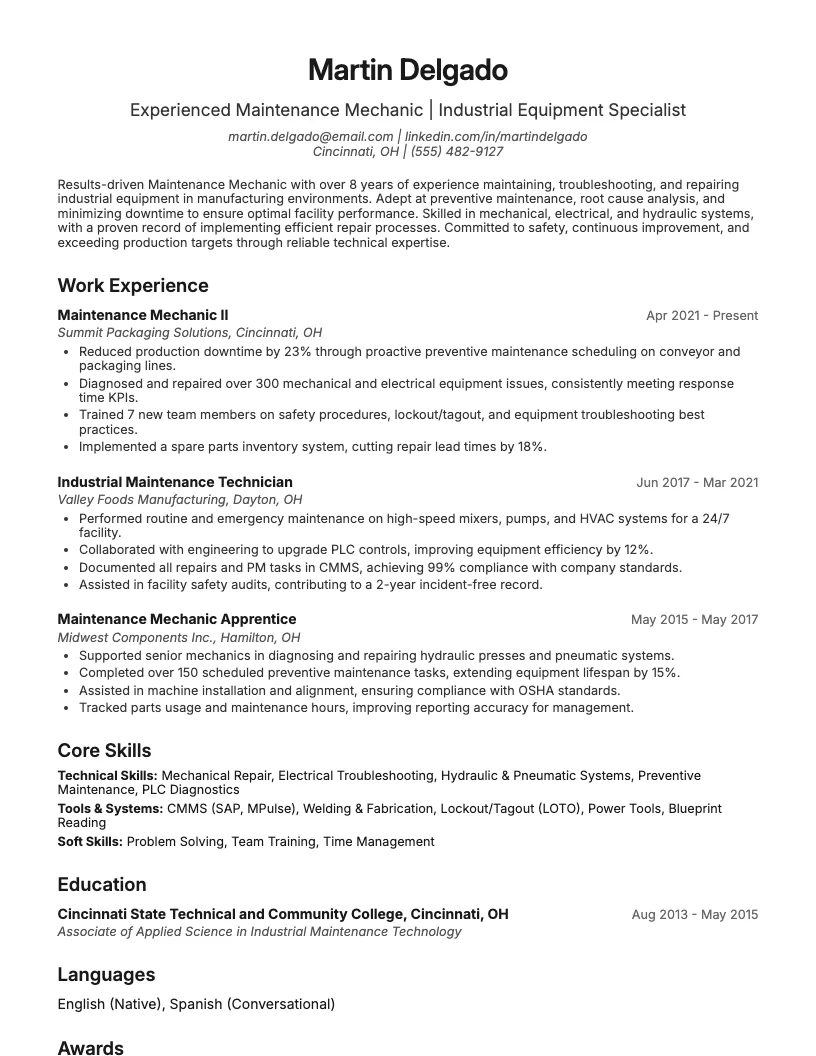 Maintenance Mechanic Resume Example