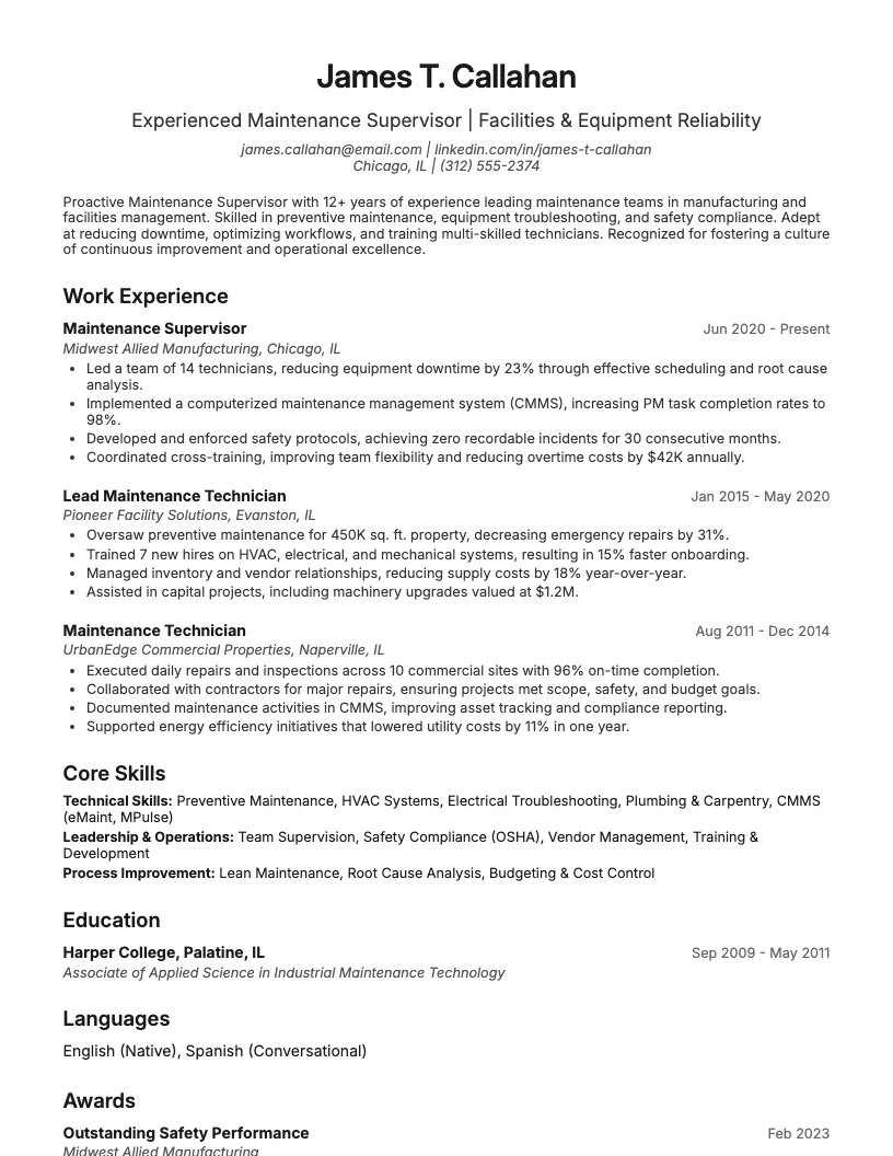 Facilities Supervisor Resume Example