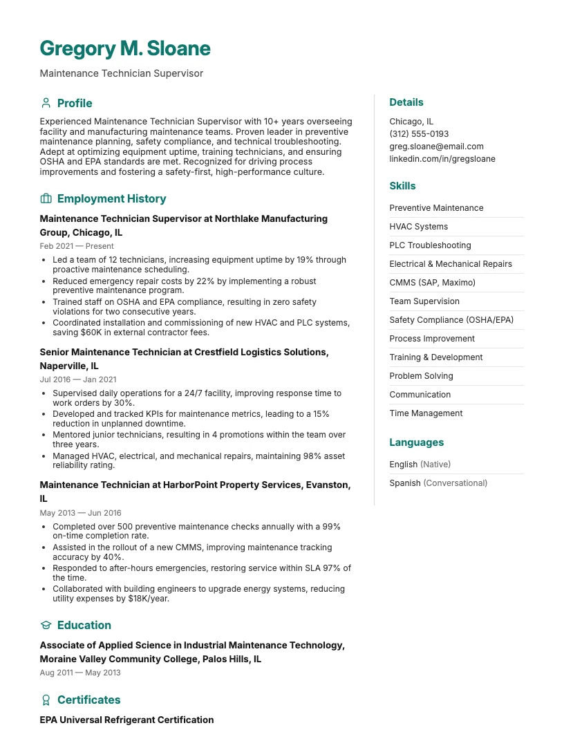 Maintenance Technician Supervisor Resume Example