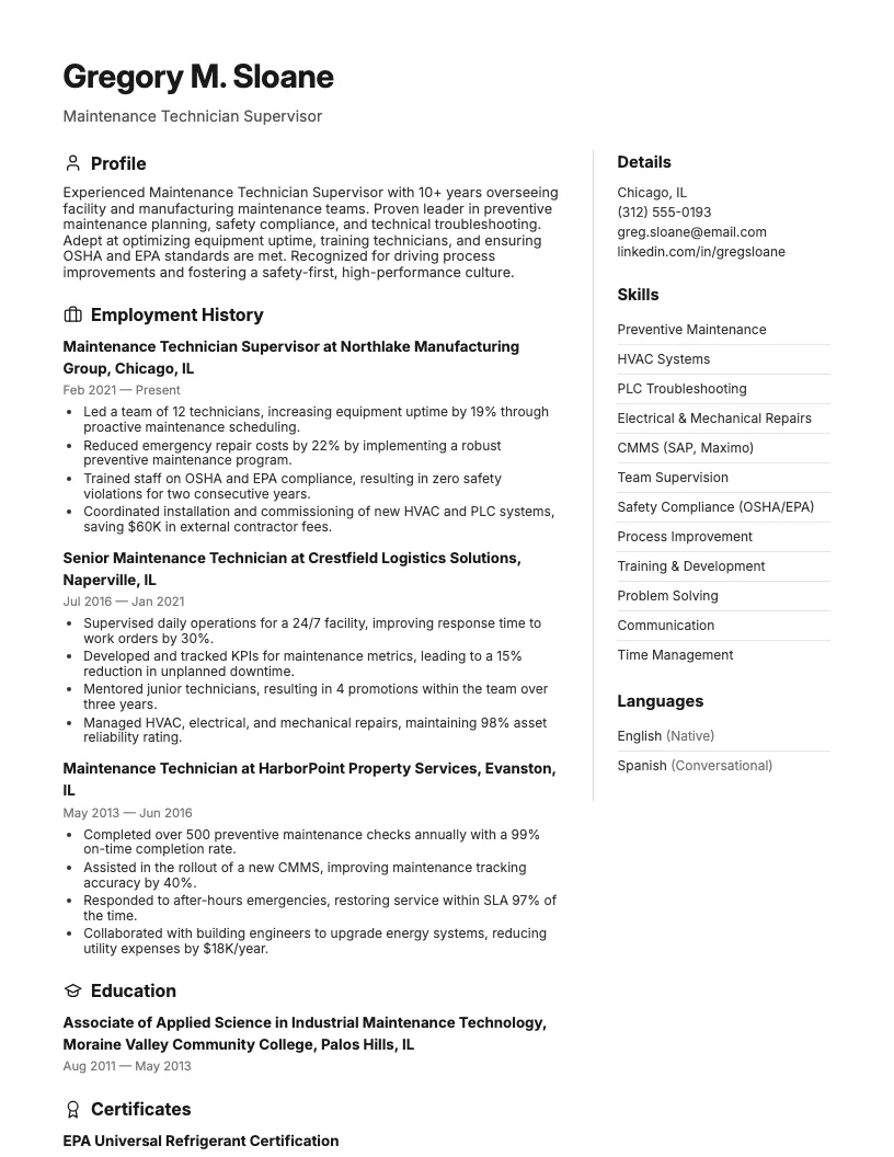 Maintenance Technician Supervisor Resume Example