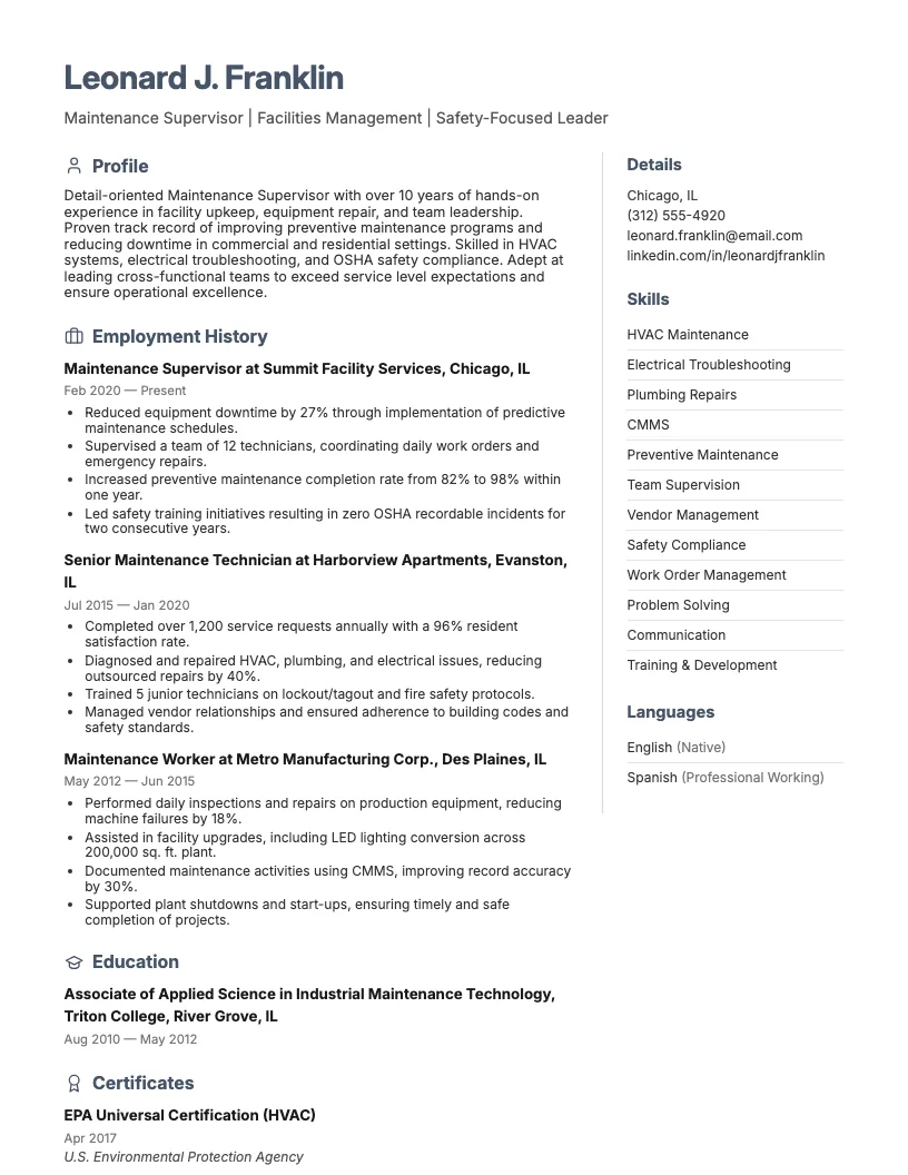 Maintenance Worker And Supervisor Resume Example