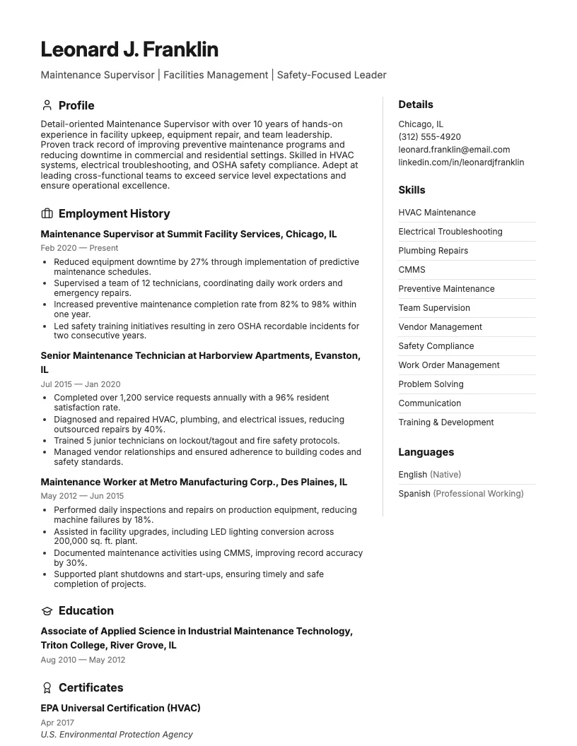 Maintenance Worker and Supervisor Resume Example