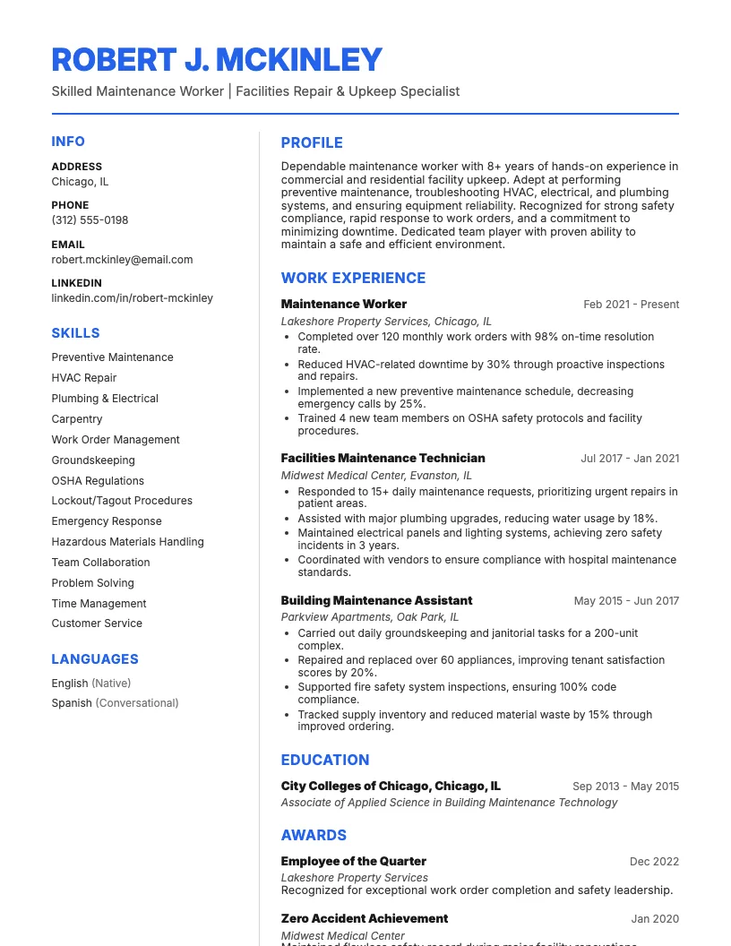 General Maintenance Worker Resume Example