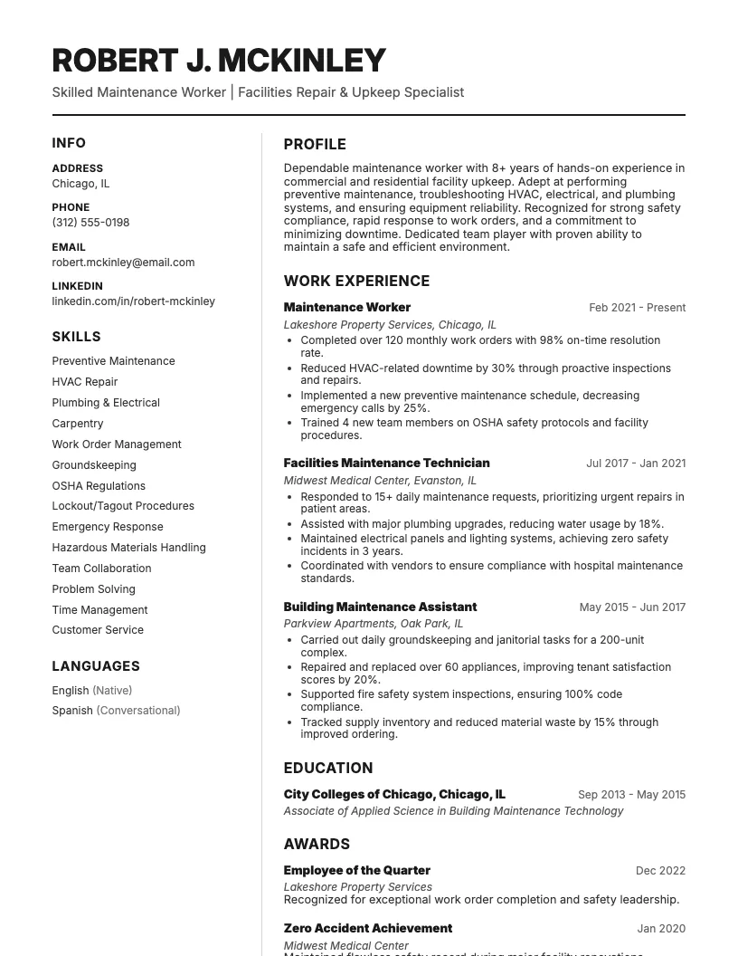 Maintenance Worker Resume Example
