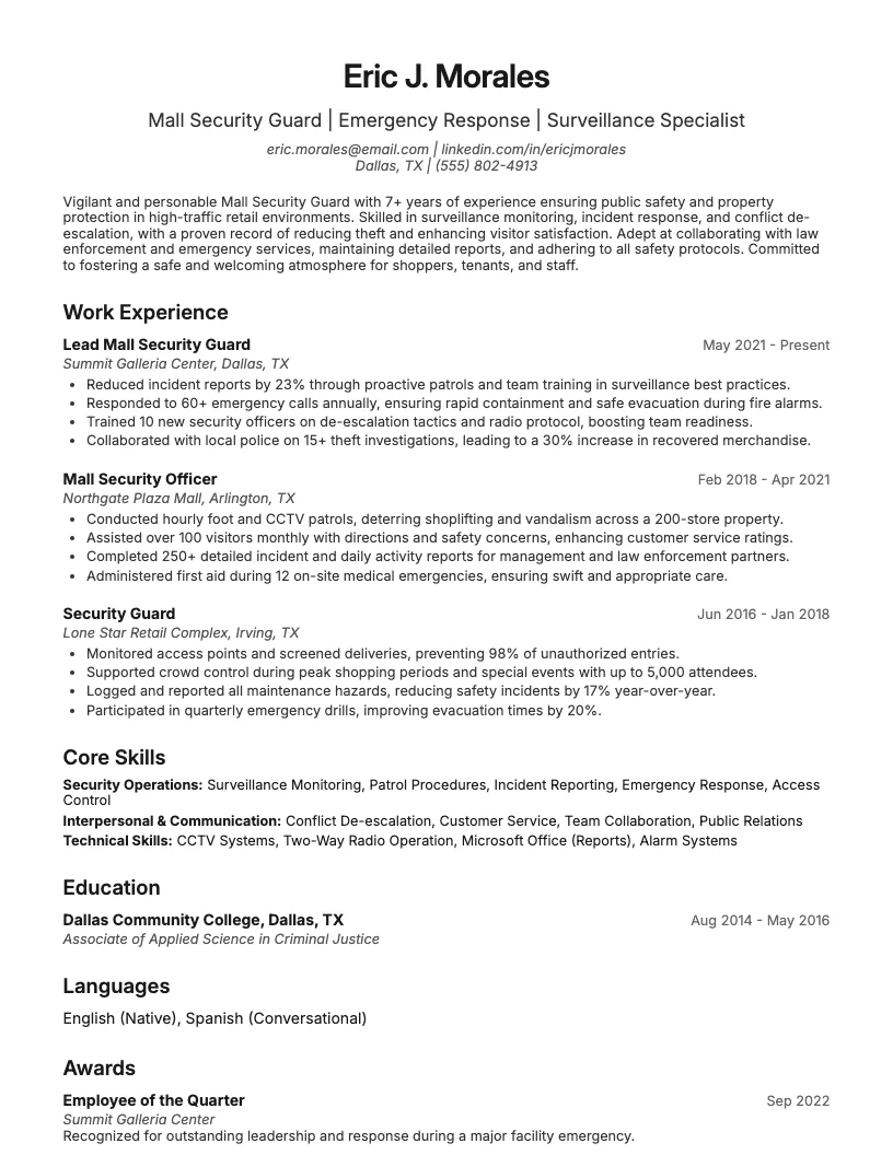 Mall Security Guard Resume Example