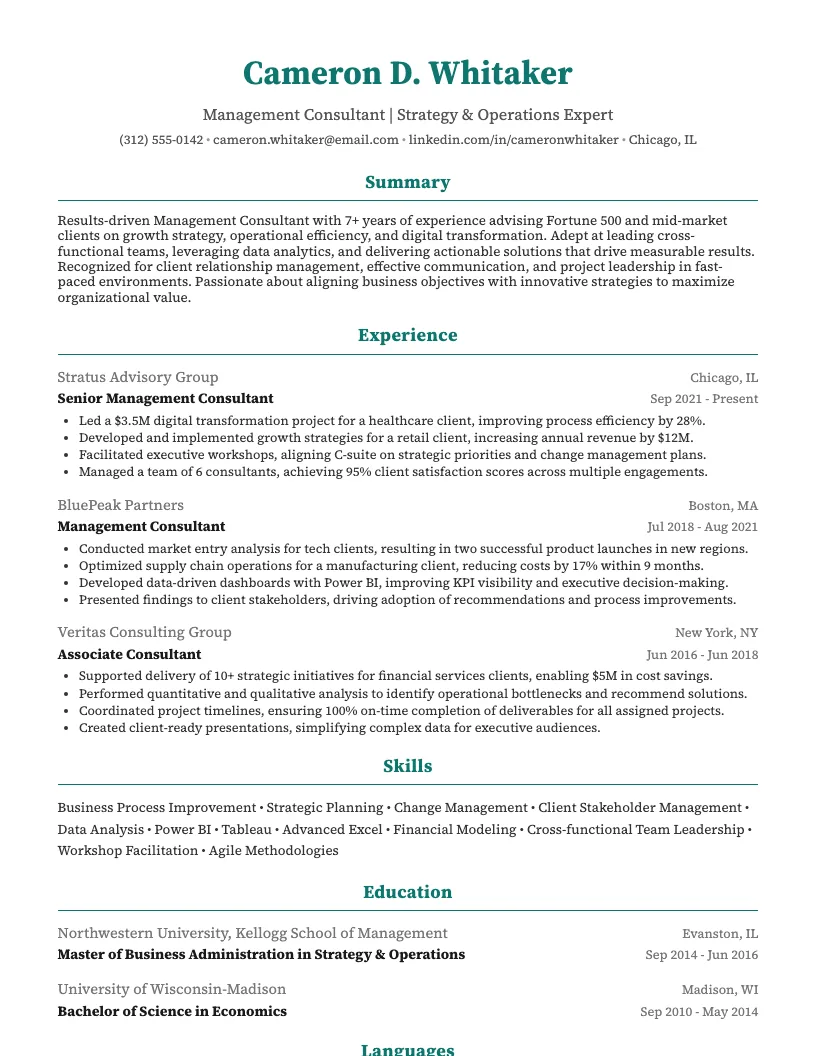 Management Consultant (MBA) Resume Example