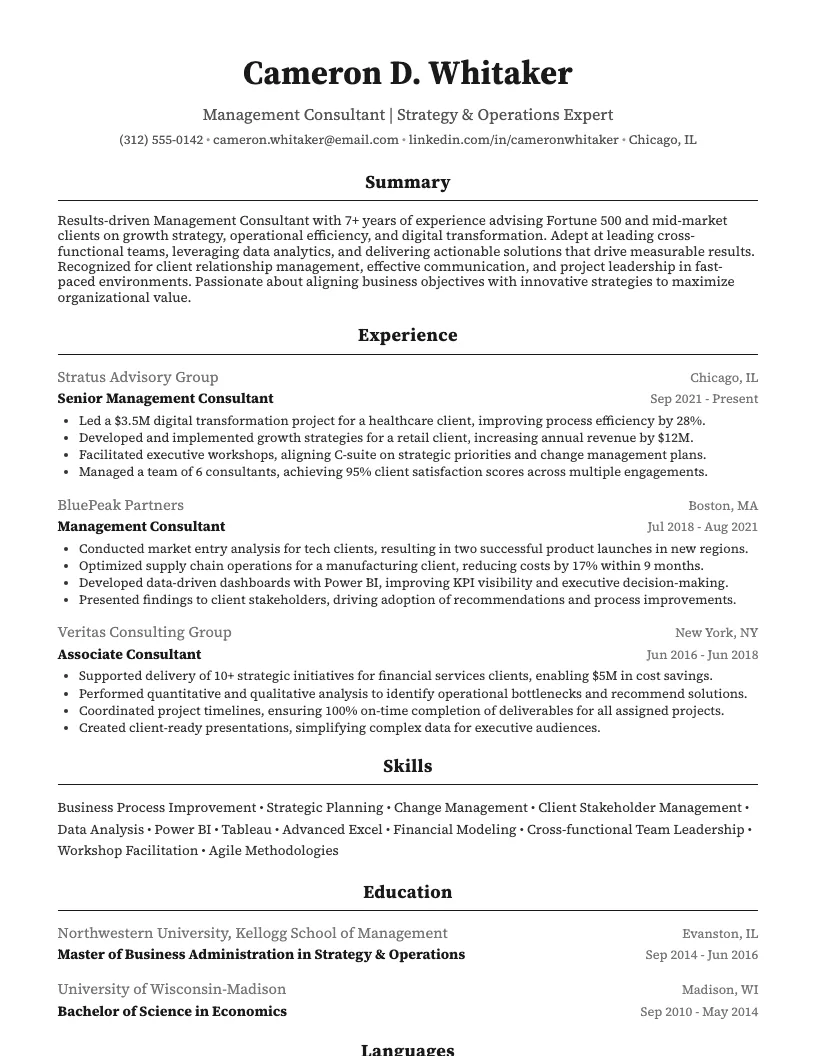 Management Consultant Resume Example