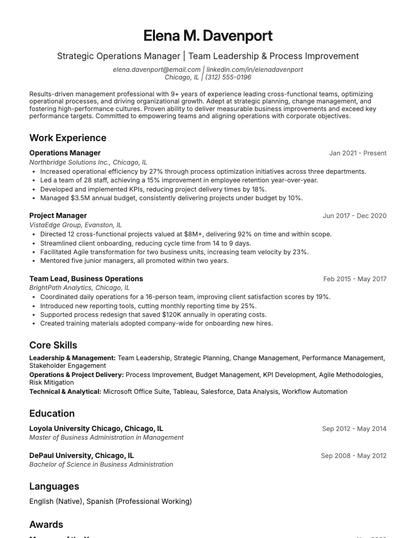 Management Resume Example