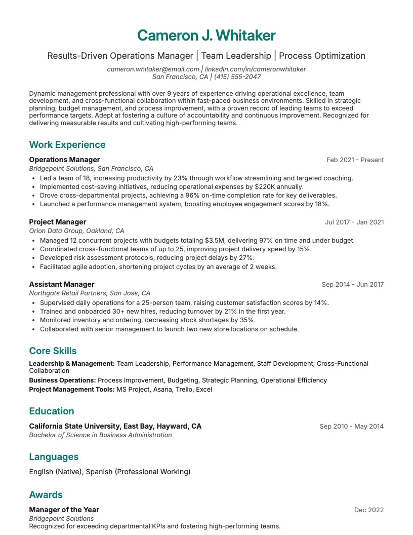 Manager Resume Example