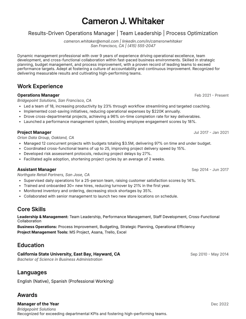 Manager Resume Example