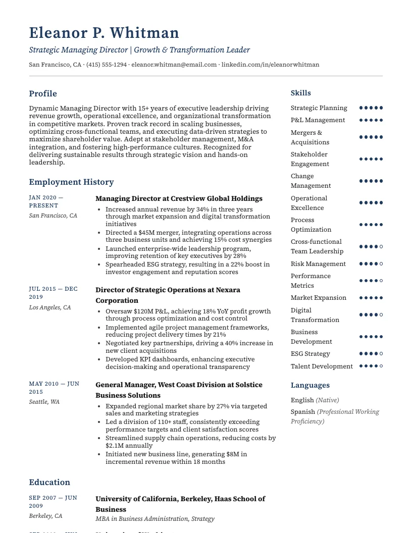 Managing Director Resume Example