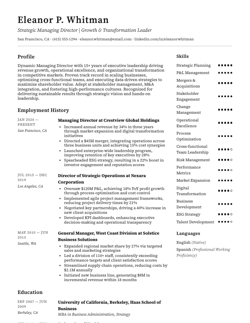 Managing Director Resume Example
