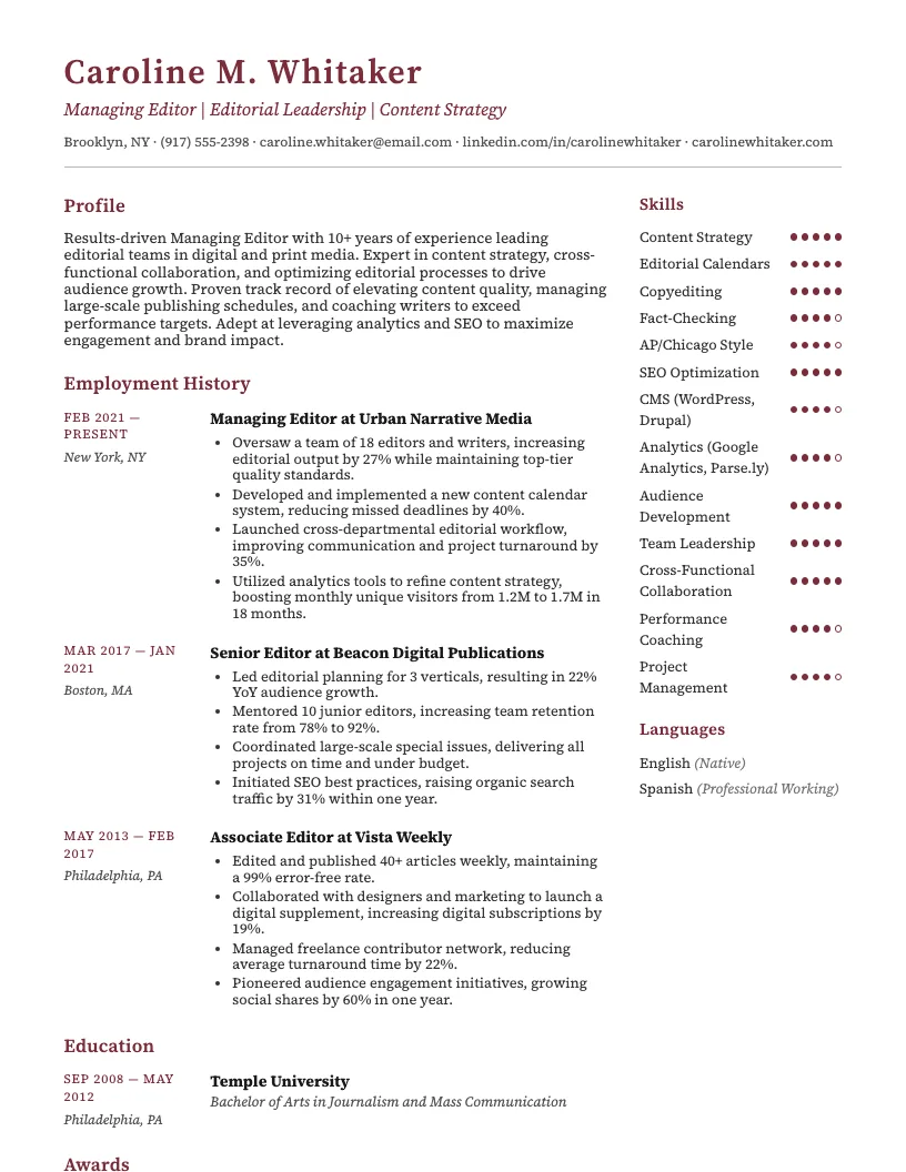 Managing Editor Resume Example