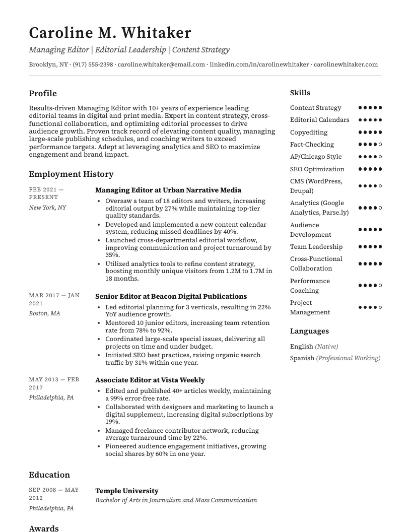 Managing Editor Resume Example