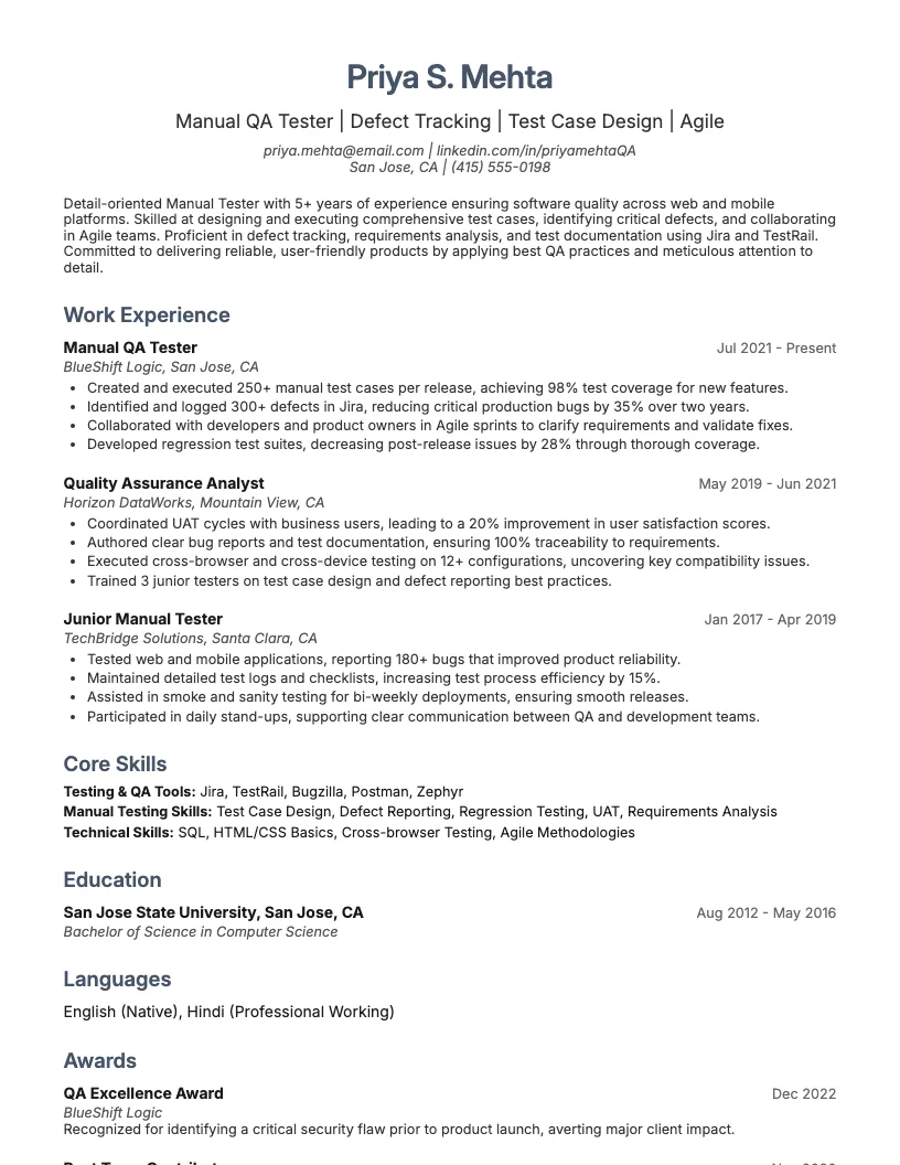Manual Tester Resume Example
