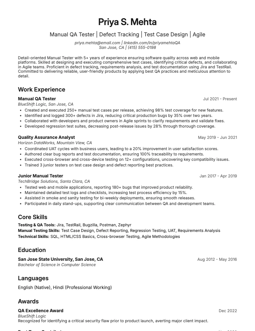 Manual Tester resume example