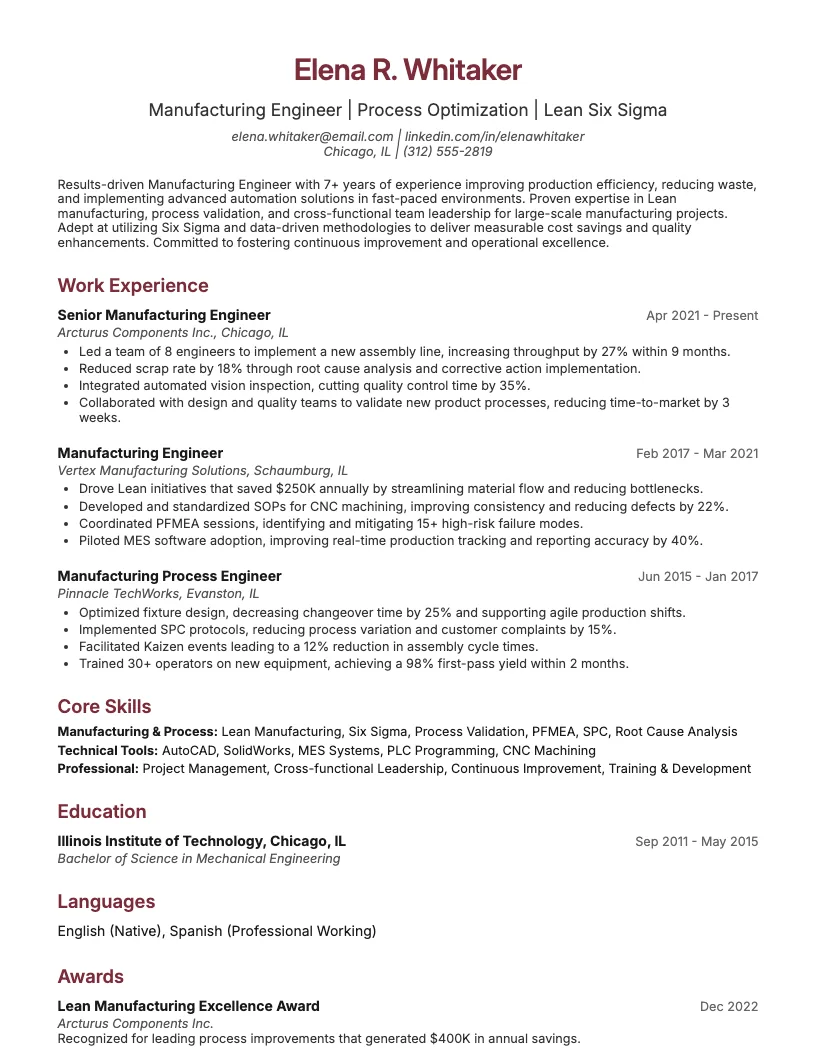 Manufacturing Engineer resume example
