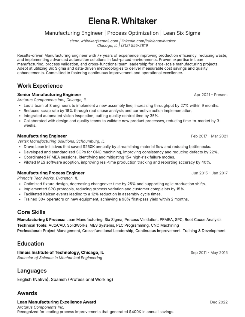 Manufacturing Engineer Resume Example