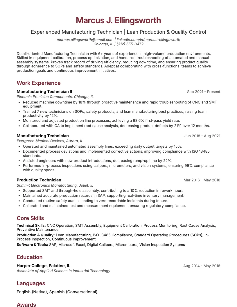 Manufacturing Technician Resume Example