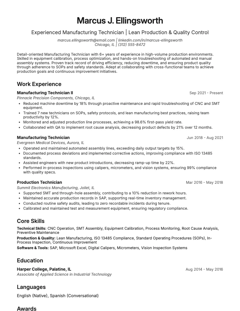 Manufacturing Technician Resume Example