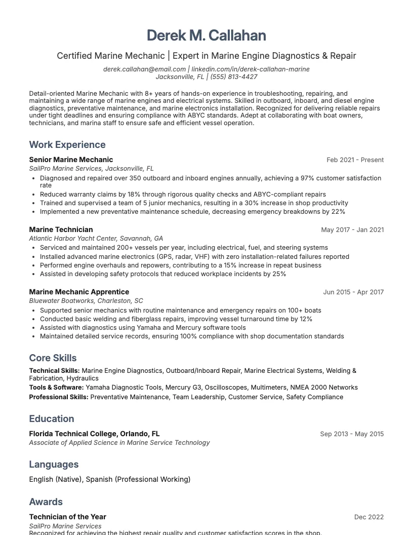 Marine Mechanic Resume Example