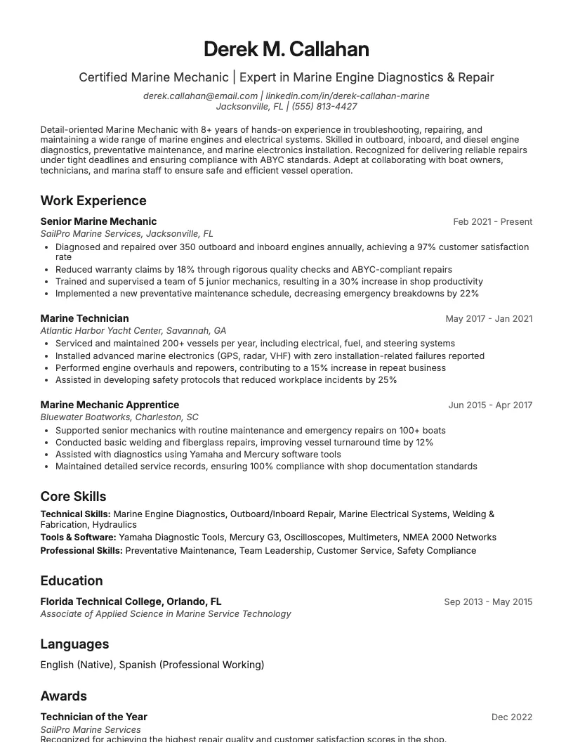 Marine Mechanic Resume Example
