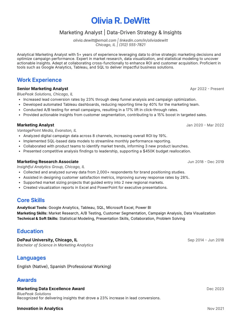 Marketing Analyst Resume Example
