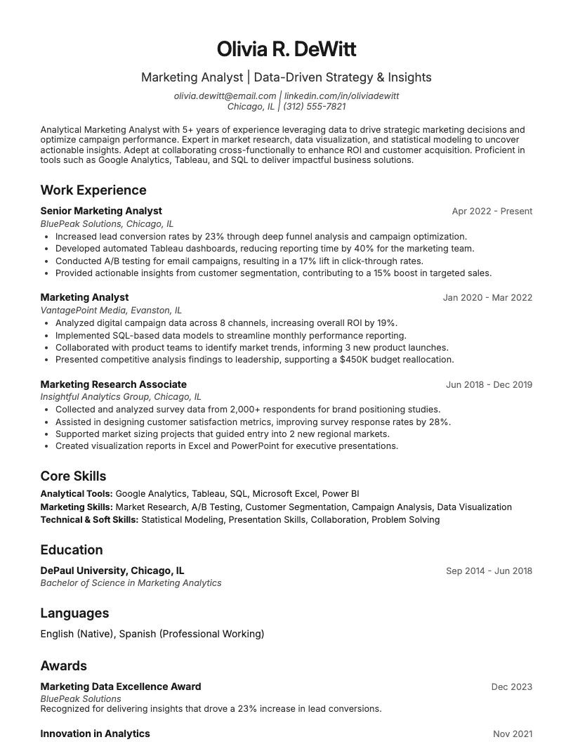 Marketing Analyst Resume Example