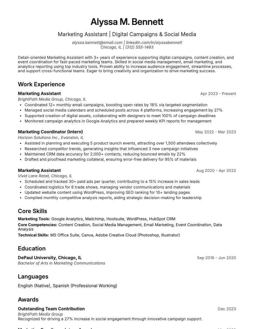 Marketing Assistant Resume Example